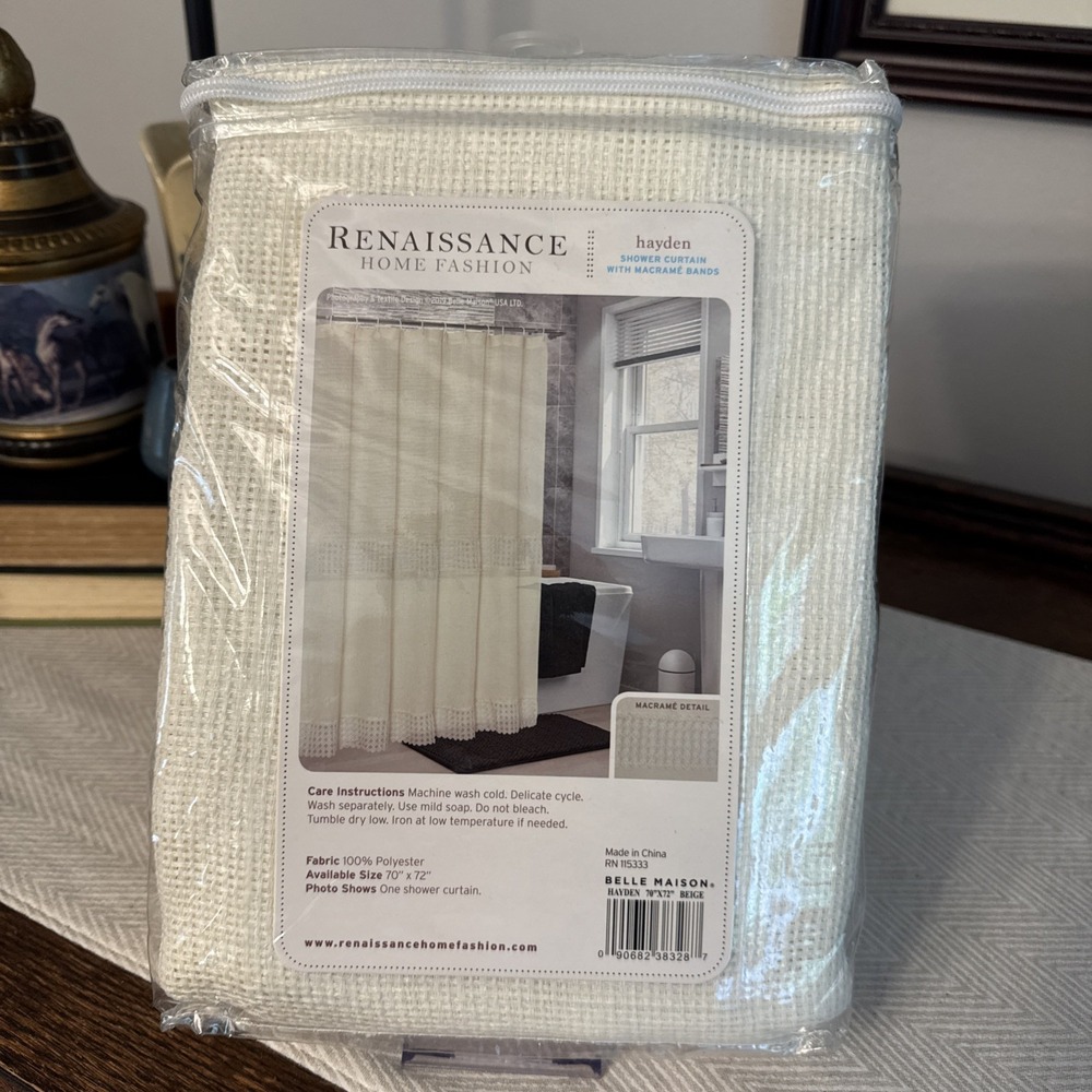 Renaissance Home Fashion Hayden Shower Curtain Macrame Bands 70" X 72" Beige